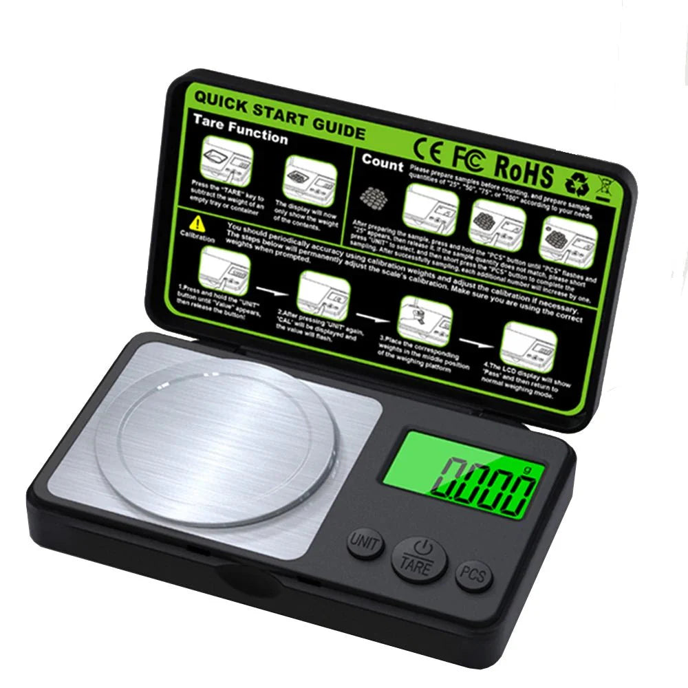 Tragbare Miniwaage mit digitalem Display für Schmuck oder kleine Objekte; genaue Messung garantiert.