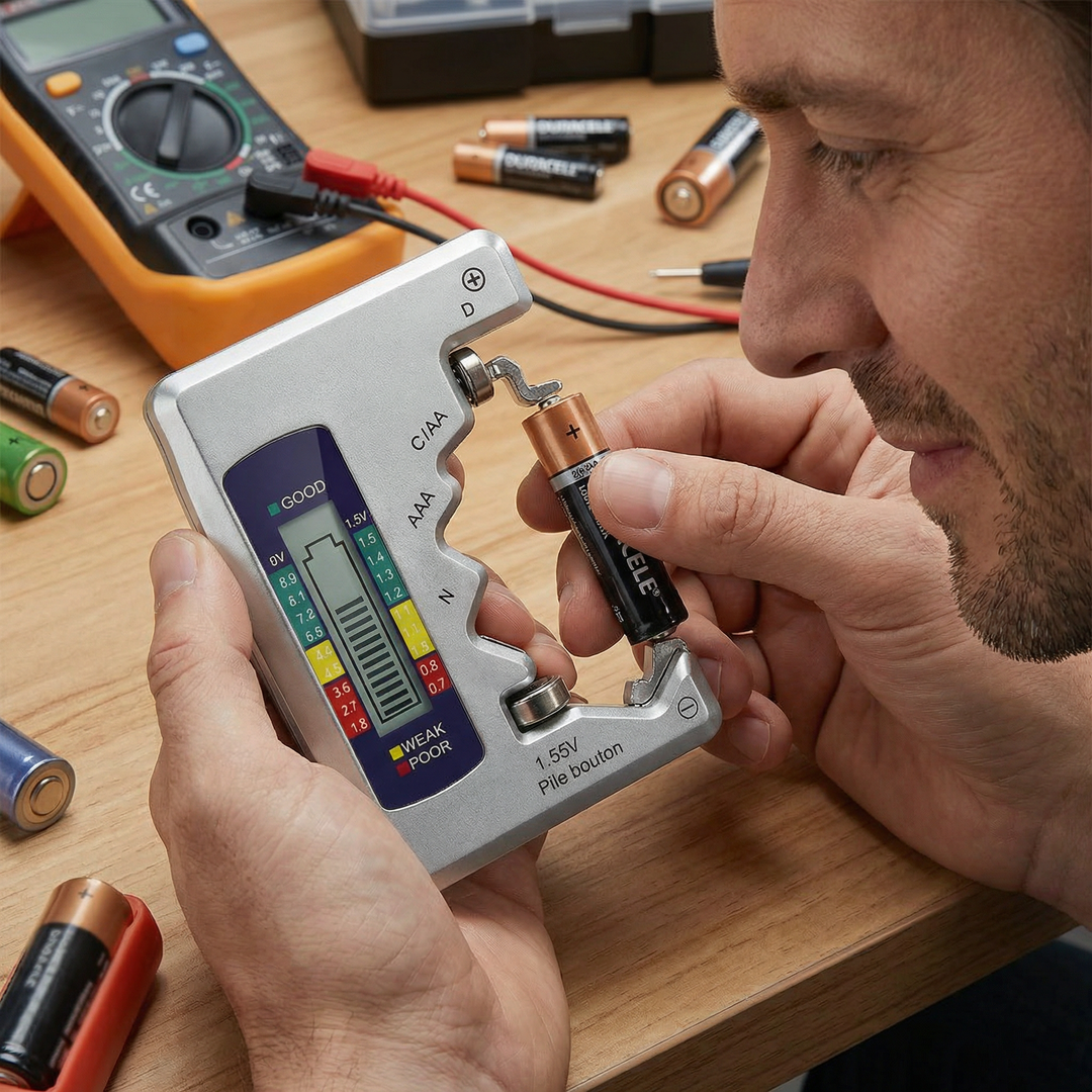 Digitaler Batterietester mit LCD-Display, prüft AA, AAA, 9V Batterien & Knopfzellen. Ideal für Haushaltselektronik.