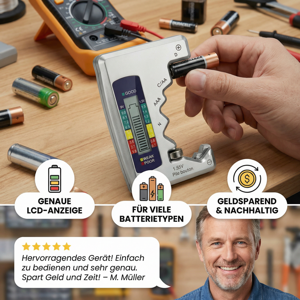 Kapazitätsprüfer digital mit LCD-Anzeige für Batterie-Check von AA, AAA, 9V Batterien. Für Energiemanagement.