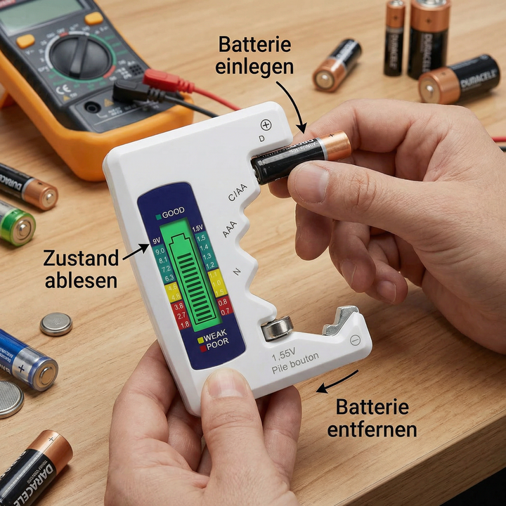 Universeller Digital-Batterietester mit LCD-Display. Prüft schnell und zuverlässig alle Batterietypen für den Haushalt.