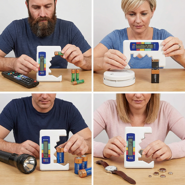 Praktischer digitaler Batterieprüfer mit LCD-Display für AA, AAA, 9V und Knopfzellen. Einfacher Batterie-Check.