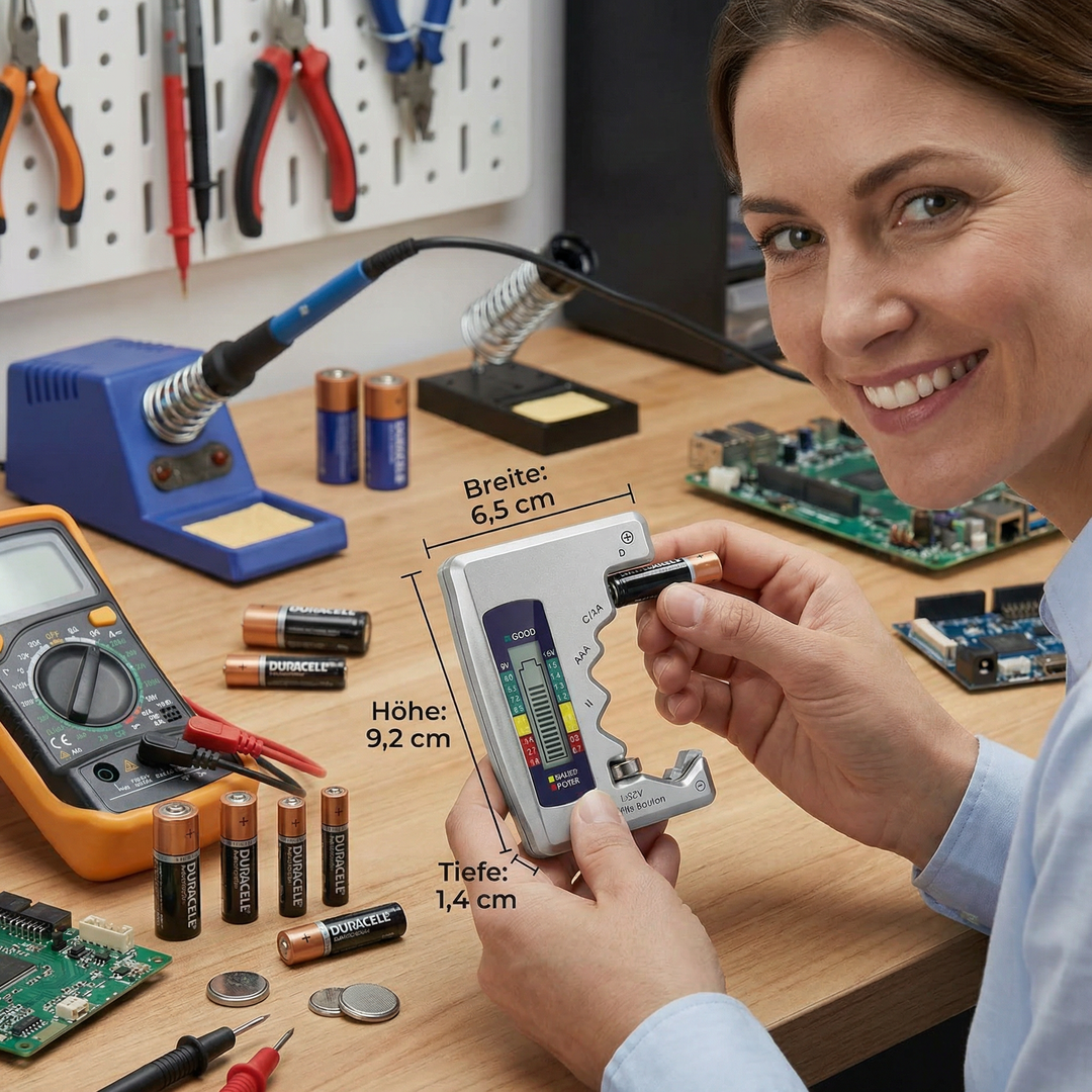 Eleganter digitaler Batterietester mit großem LCD-Display. Misst präzise die Kapazität Ihrer Haushaltsbatterien.