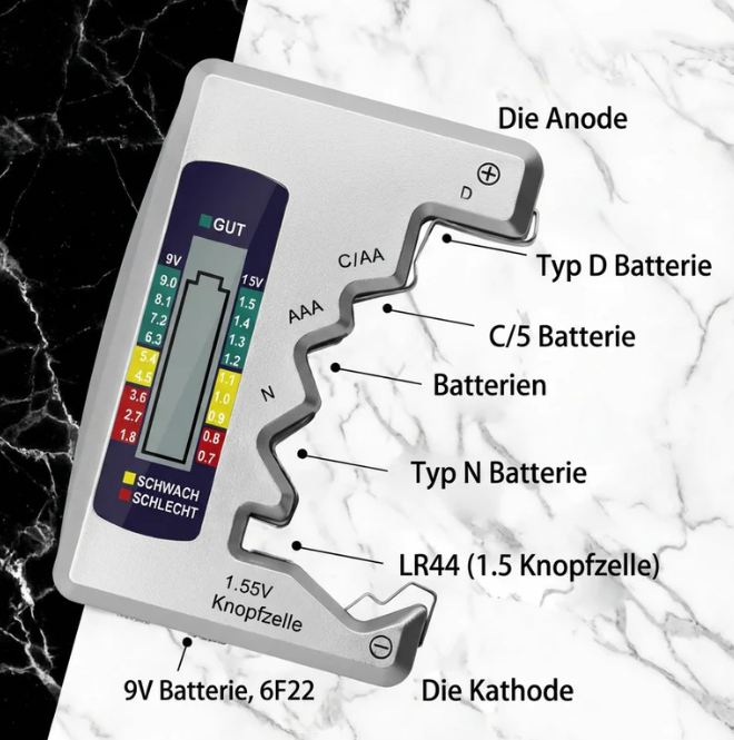 Digitaler Batterietester mit LCD-Display für effizientes Energiemanagement. Prüft AA, AAA, 9V Batterien & Knopfzellen.