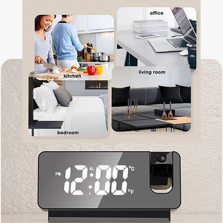 Multifunktionaler Digitalwecker mit Projektion, Doppelalarm und Schlummerfunktion für Büro und Zuhause.