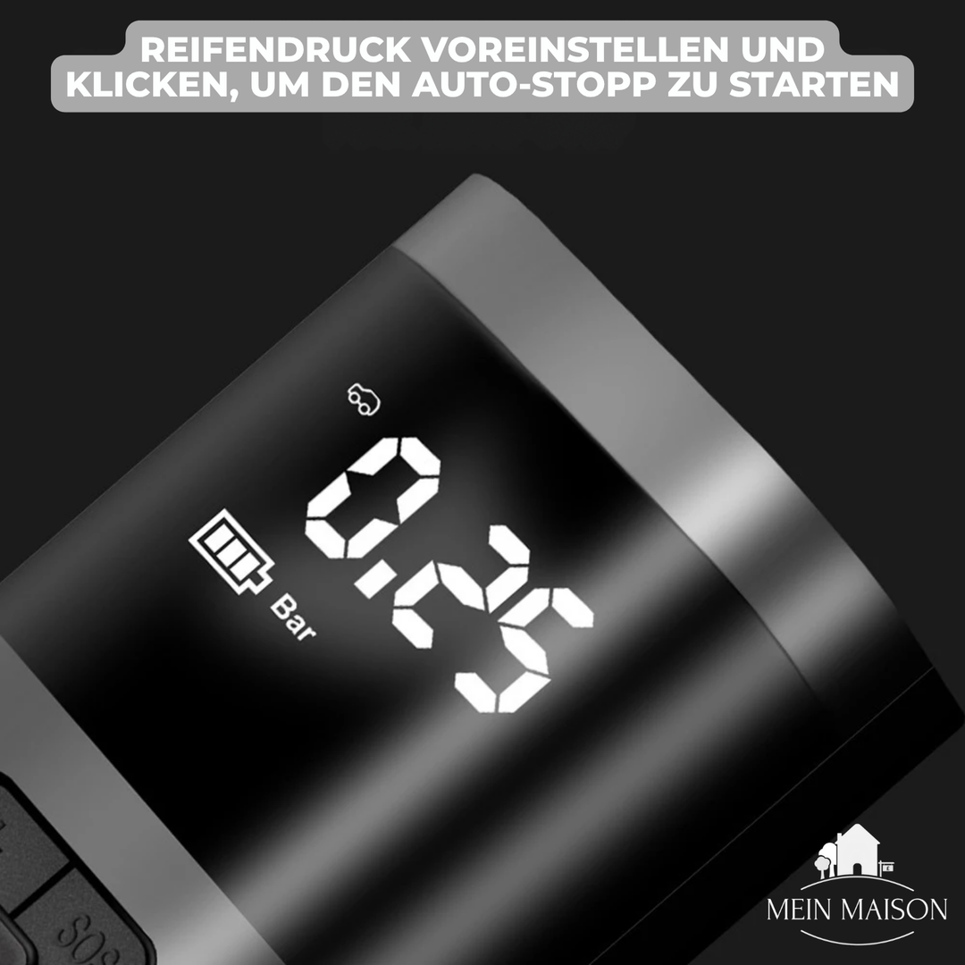 Tragbarer digitaler Reifenkompressor für Notfälle. Sichert optimalen Reifendruck an Auto und Fahrrad für mehr Sicherheit.