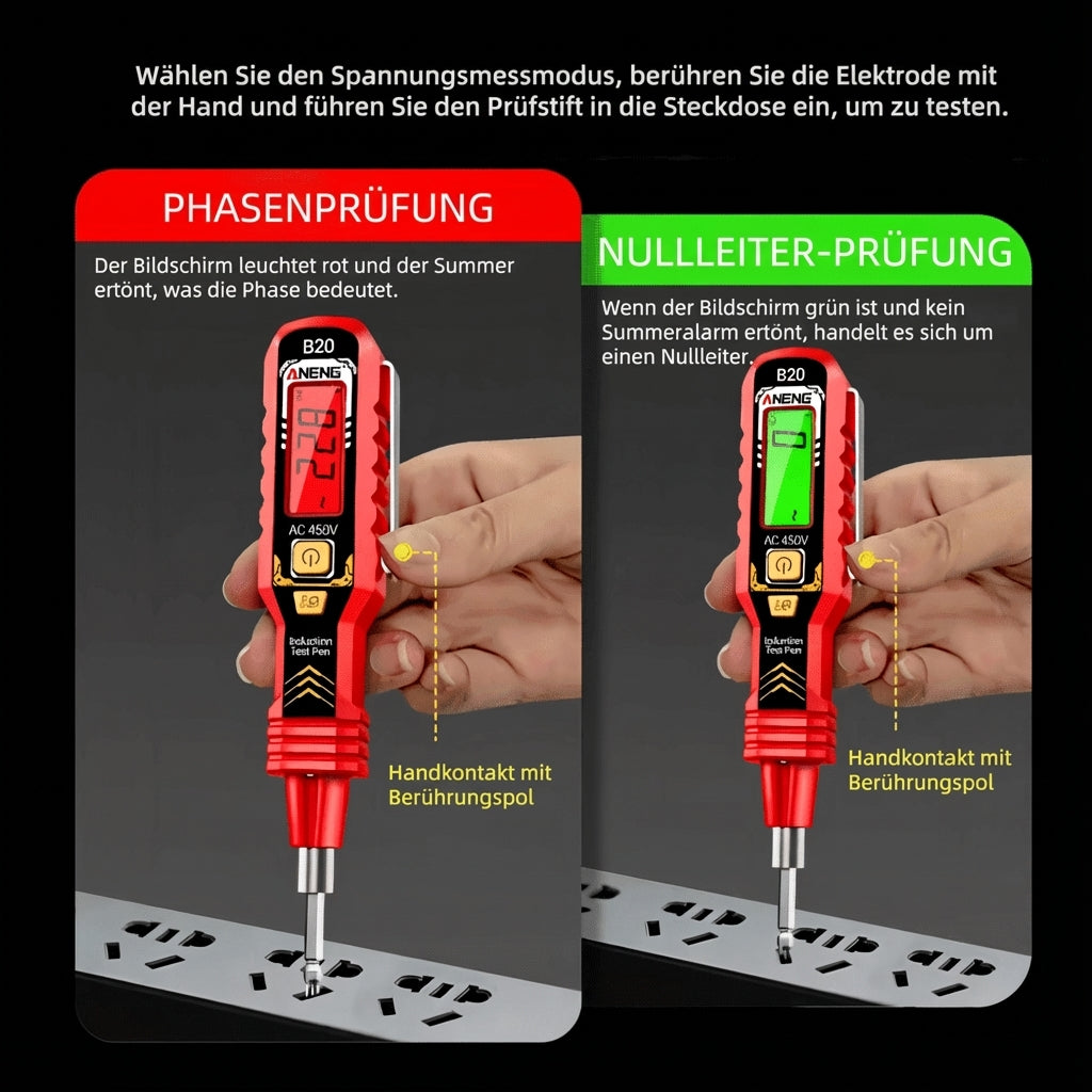 Digitaler Stromprüfer VoltCheck Pro mit LCD-Anzeige, ideal für Elektriker & DIY-Projekte.