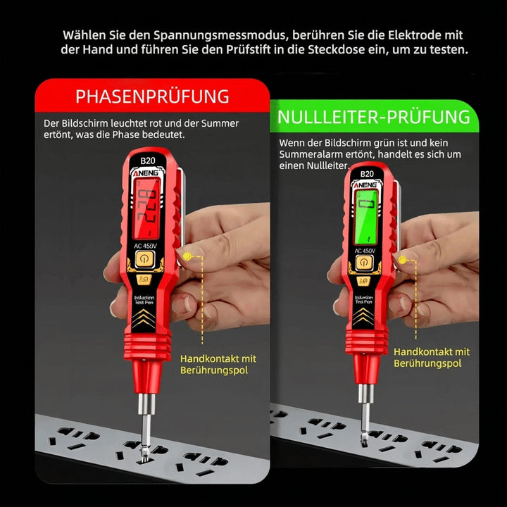 Digitaler Stromprüfer VoltCheck Pro mit LCD-Anzeige, ideal für Elektriker & DIY-Projekte.