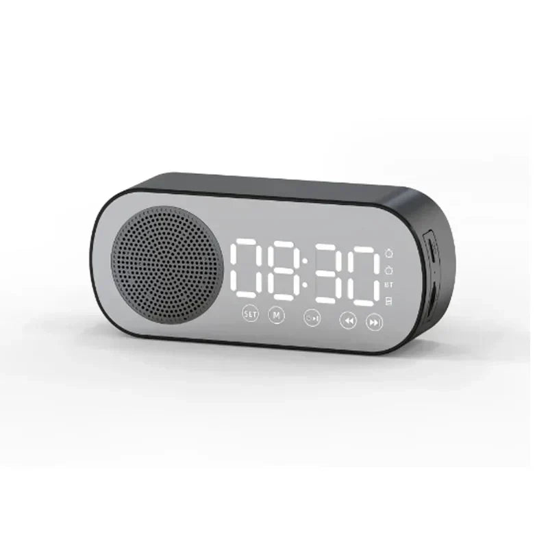 Digitaler Wecker mit Bluetooth-Lautsprecher, FM-Radio & LED-Spiegel-Display. Modernes Design fürs Schlafzimmer.
