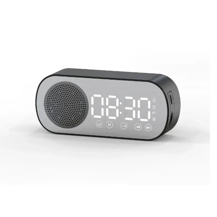 Digitaler Wecker mit Bluetooth-Lautsprecher, FM-Radio & LED-Spiegel-Display. Modernes Design fürs Schlafzimmer.