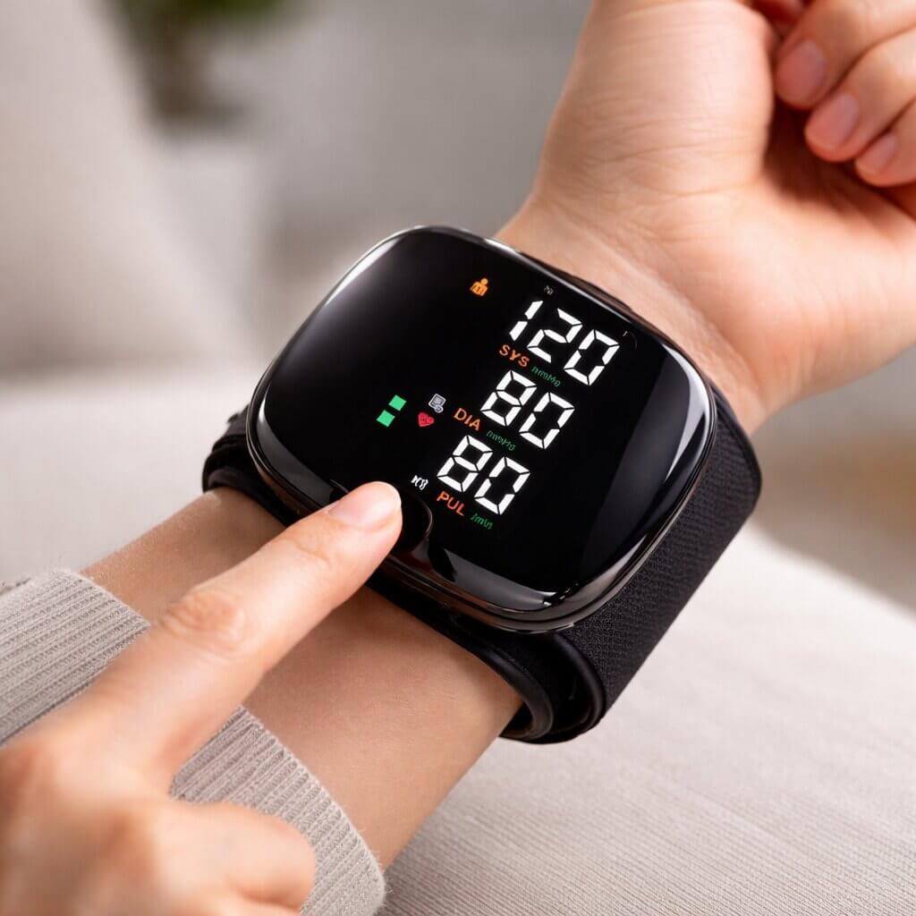 Digitales Blutdruckmessgerät für das Handgelenk mit Touch-Display und Sprachfunktion, wiederaufladbar.