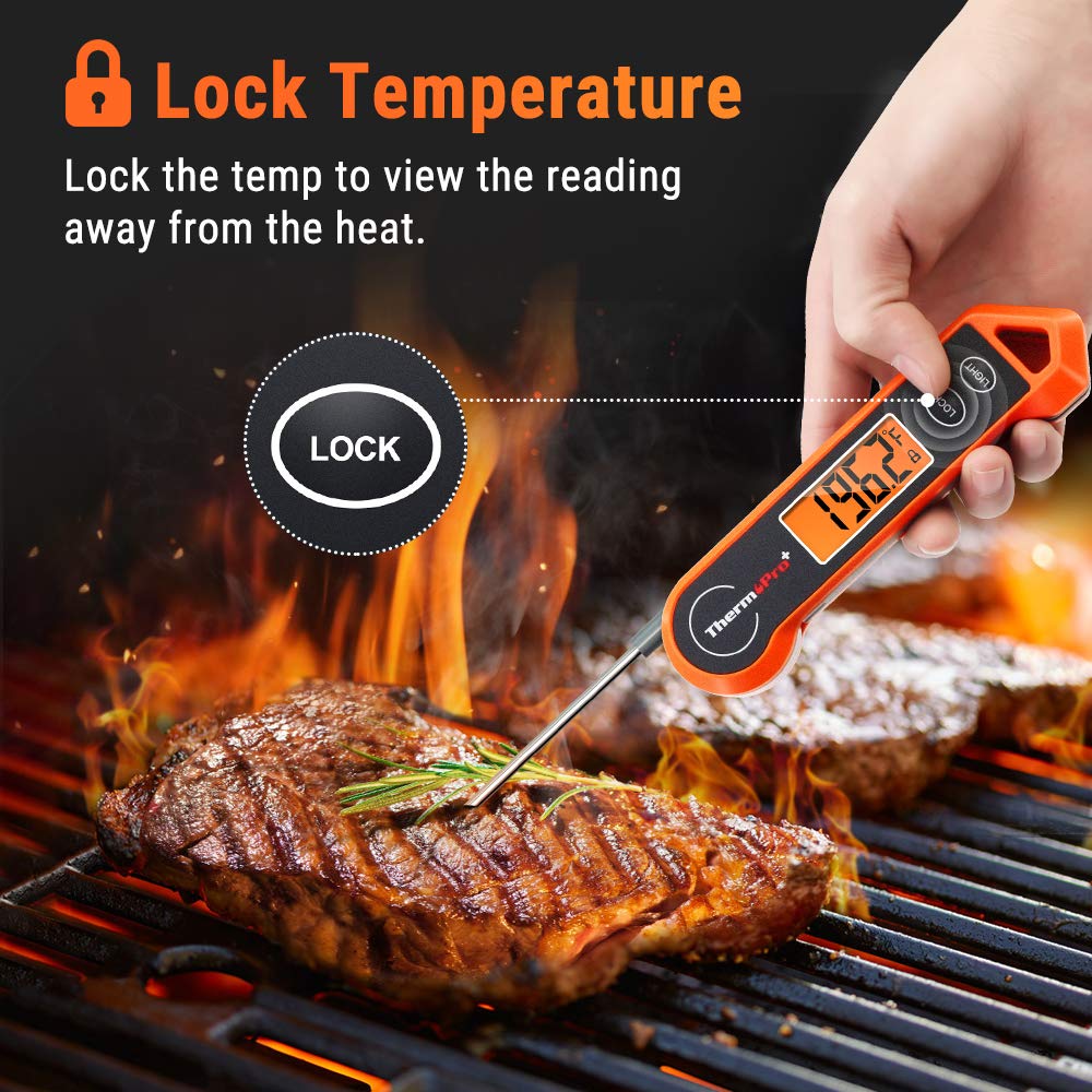 Orange-schwarzes digitales Fleischthermometer, beidhändig nutzbar, für schnelles, genaues Kochen und Grillen.