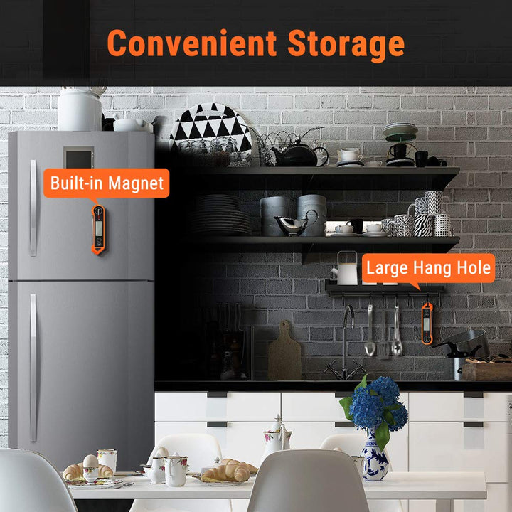 Stylisches digitales Fleischthermometer in Orange/Schwarz, liefert sofortige, genaue Gartemperaturen.