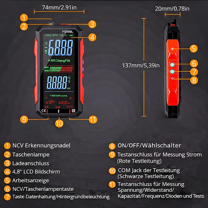 Vielseitiges digitales Multimeter: Spannungsmesser, Stromprüfer, Widerstandsmessgerät, USB-C, wiederaufladbar.
