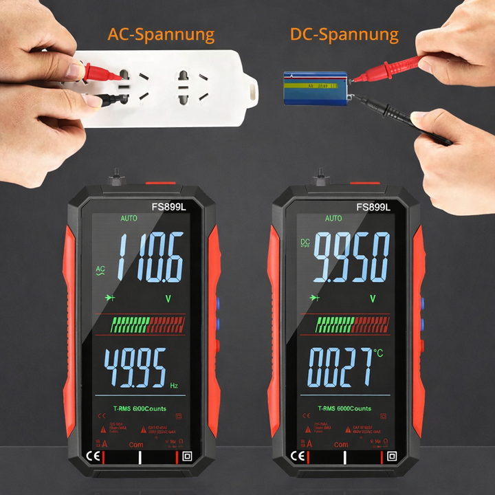 Digitales Multimeter mit großem LCD, USB-C wiederaufladbar. Misst präzise Spannung, Strom, Widerstand für Elektronik.