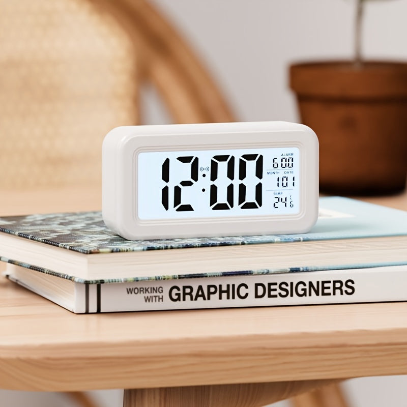 Digitalwecker minimalistisch mit LCD-Anzeige, Uhrzeit, Datum und Temperatur. Ideal für Nachttisch.