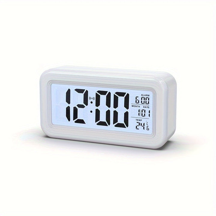 Kompakter Digitalwecker mit Schlummerfunktion und heller LCD-Anzeige für Uhrzeit, Datum und Raumtemperatur.