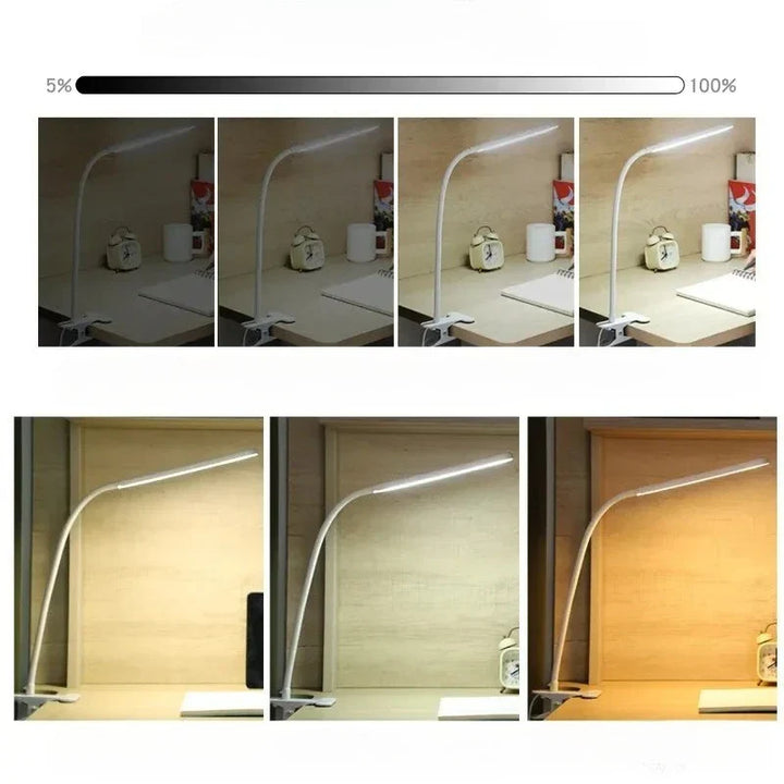 Dimmbare LED-Leselampe mit Klemme und Flexarm, 3 Lichtfarben für vielseitige Beleuchtung.