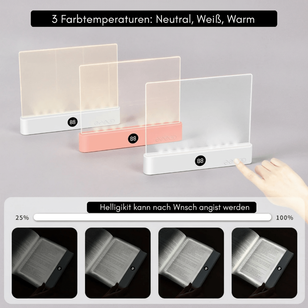 Energiesparende LED Leselampe, dimmbar und augenschonend, ideal für komfortables Lesen und Arbeiten.