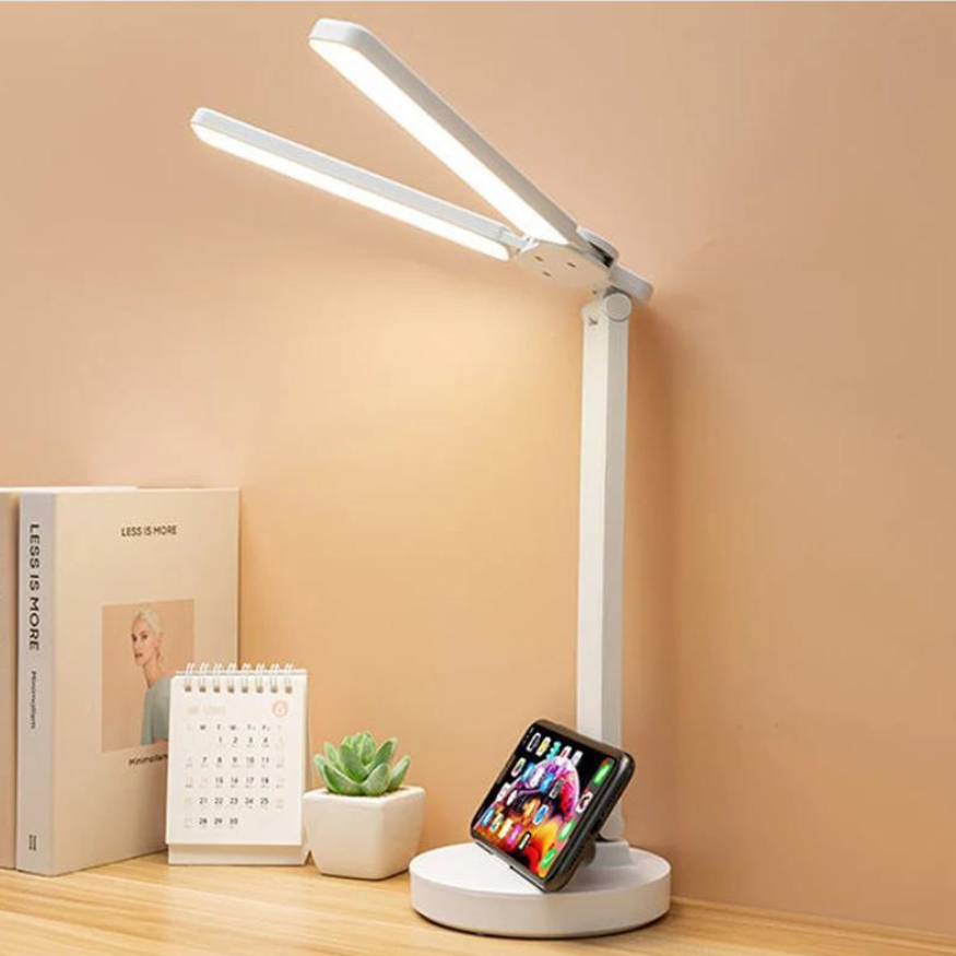 Moderne USB-Leselampe mit Akku, dimmbar, augenschonend. Praktische LED-Lampe mit Smartphone-Halterung für Zuhause.