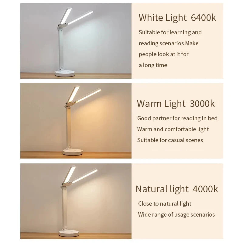 Tragbare, dimmbare LED-Leselampe mit Akku. Faltbare USB-Lampe mit integriertem Smartphone-Halter für Reisen & Büro.