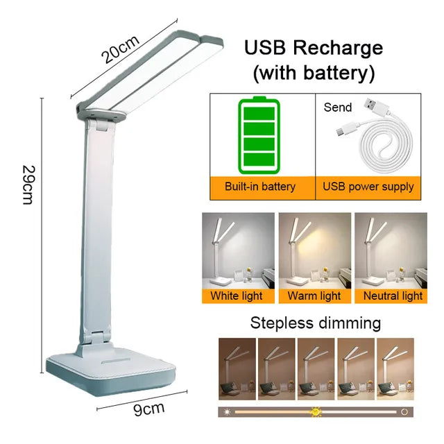 USB wiederaufladbare, dimmbare LED Tischleuchte, perfekt für portable Bürobeleuchtung.