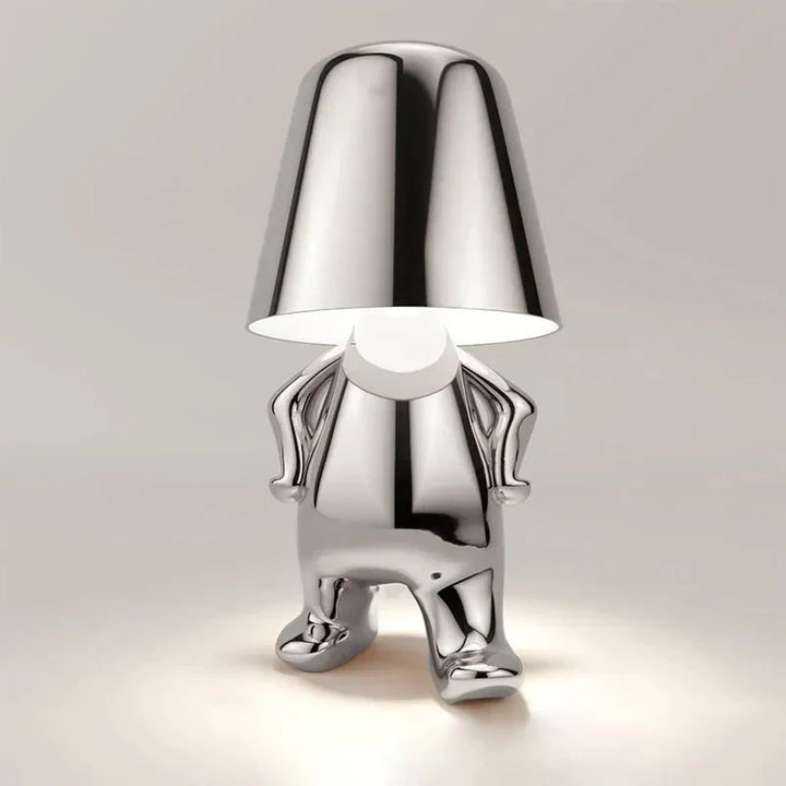 Minimalistische LED Tischleuchte, dimmbar, kabellos, für modernes Schlafzimmer.