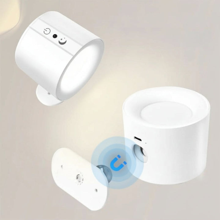 Kabellose, wiederaufladbare LumiSpin LED Wandlampe, dimmbar & 360° drehbar, für flexible moderne Beleuchtung.