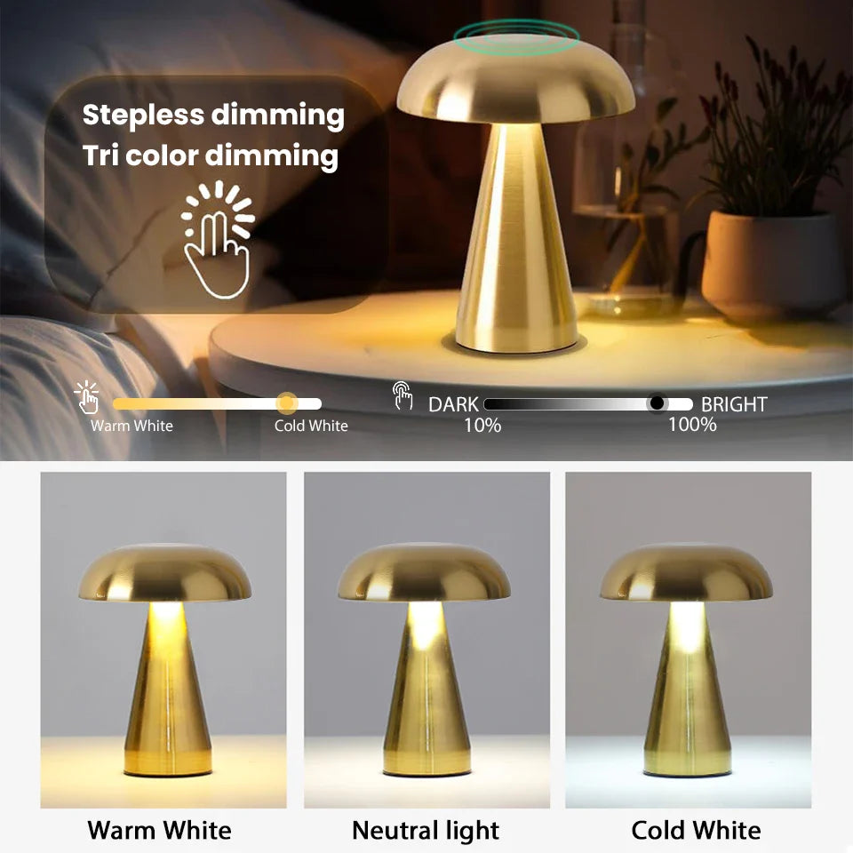 Elegante Retro Pilzlampe mit dimmbarer LED für stimmungsvolles Licht im Schlafzimmer oder Wohnzimmer.