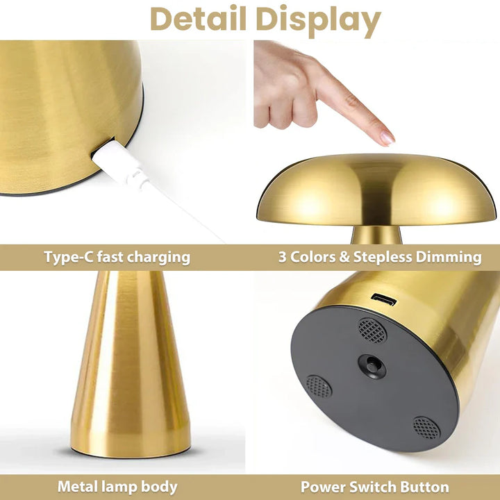 Wiederaufladbare Pilz LED Tischlampe, dimmbar mit Touch Sensor. Ideal für Schlafzimmer & Leseecken.