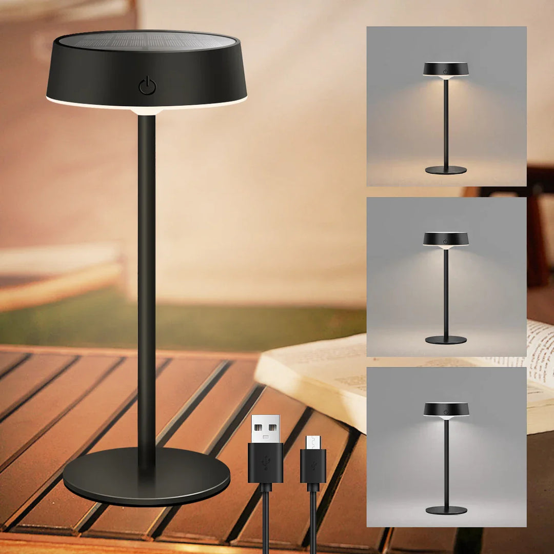 Dimmbare Solar LED Tischlampe für Außen, kabellos & wasserdicht. Ideal als Gartenlampe oder Stimmungslicht auf Terrasse.