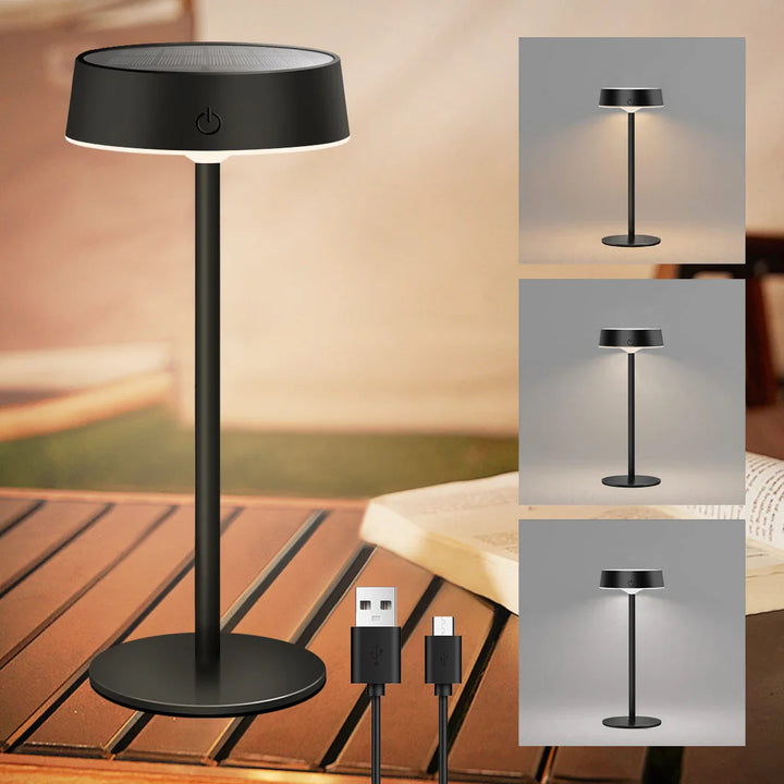 Dimmbare Solar LED Tischlampe für Außen, kabellos & wasserdicht. Ideal als Gartenlampe oder Stimmungslicht auf Terrasse.