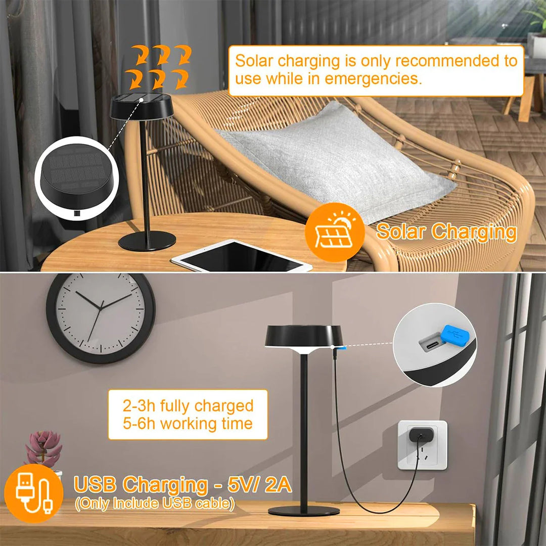 Elegante Solar LED Tischlampe, dimmbar, kabellos und wasserdicht. Perfekte Außenbeleuchtung für Balkon & Garten.