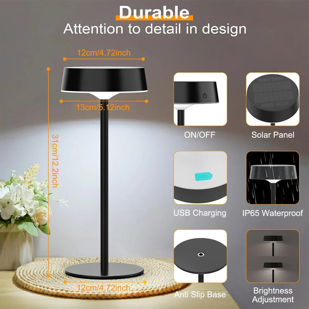 Moderne kabellose Solar-Gartenlampe mit dimmbarem LED-Licht. Wasserdichte Outdoor Tischlampe für Terrasse & Camping.