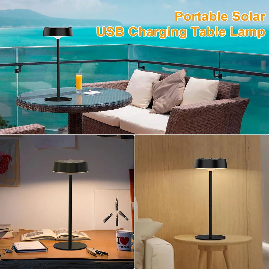 Robuste Solar LED Tischlampe für den Außenbereich, dimmbar & kabellos. Wasserdichte Gartenlampe für entspannte Abende.
