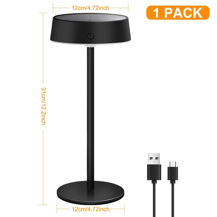 Umweltfreundliche dimmbare Solar-Campinglampe LED. Kabellose, wasserdichte Außenlampe für Tisch, Garten und Balkon.