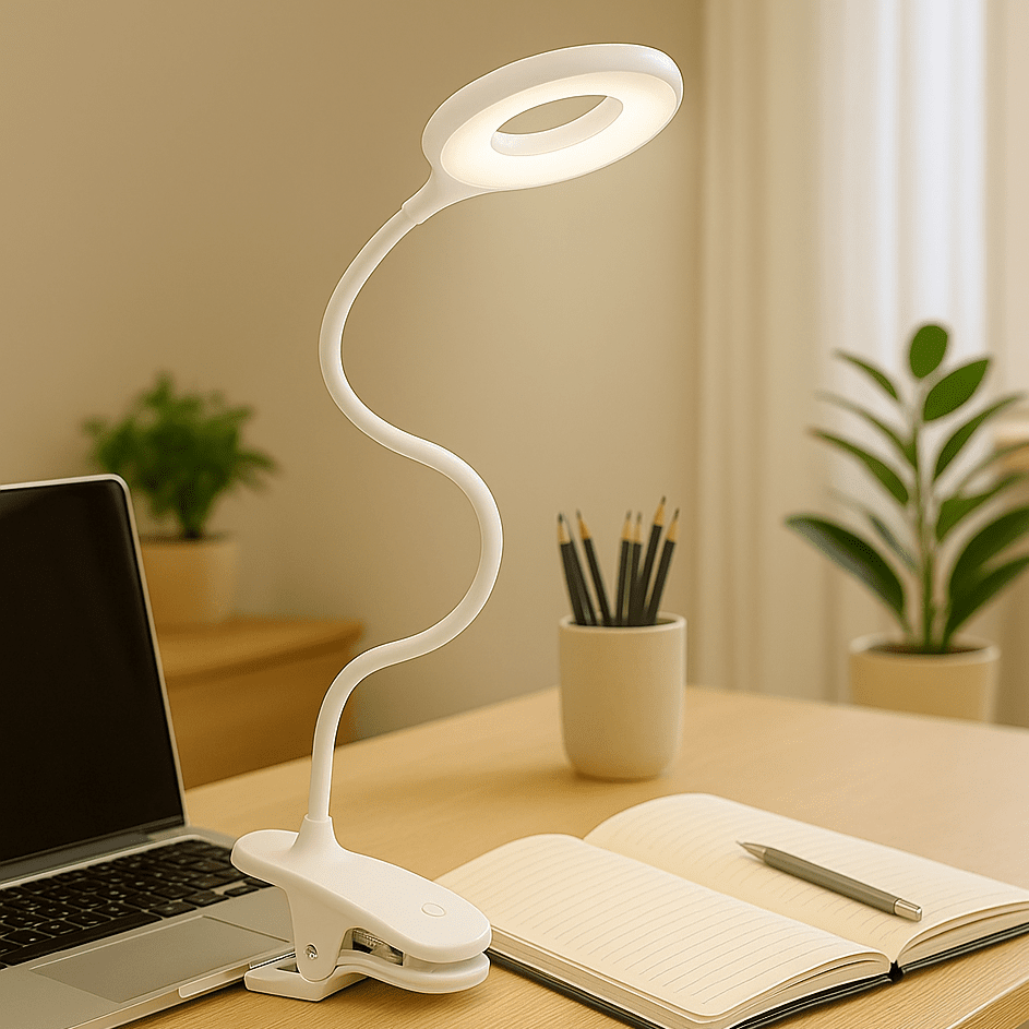 Dimmbare USB-LED-Leselampe mit flexiblem Schwanenhals und stabilem Clip für Bett, Schreibtisch oder Buch.