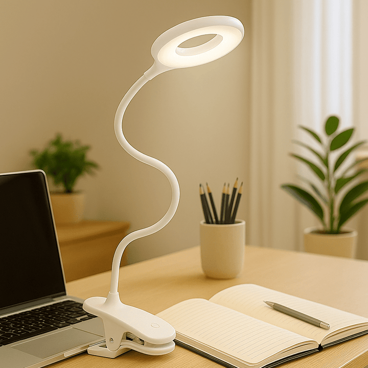 Dimmbare USB-LED-Leselampe mit flexiblem Schwanenhals und stabilem Clip für Bett, Schreibtisch oder Buch.