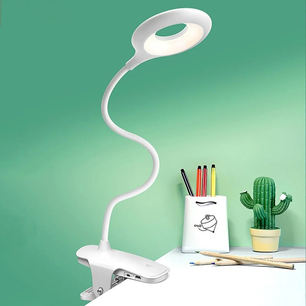 Tragbare LED-Klemmleuchte mit USB, dimmbar, ideal als Buchlampe, Leselicht oder Nachttischlampe.