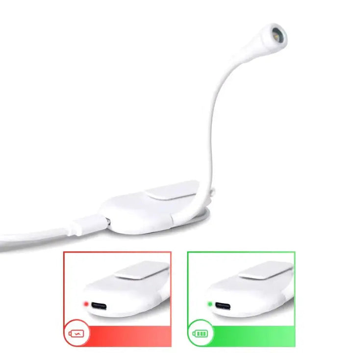 Elegante, flexible Buch-Klemmleuchte mit dimmbarem Licht, ideal als Nachttischlampe.