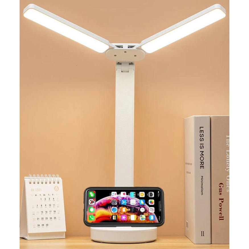 Verstellbare LED Leselampe mit flexiblem Arm und Handyhalter; dimmbar für optimale Beleuchtung beim Lesen.
