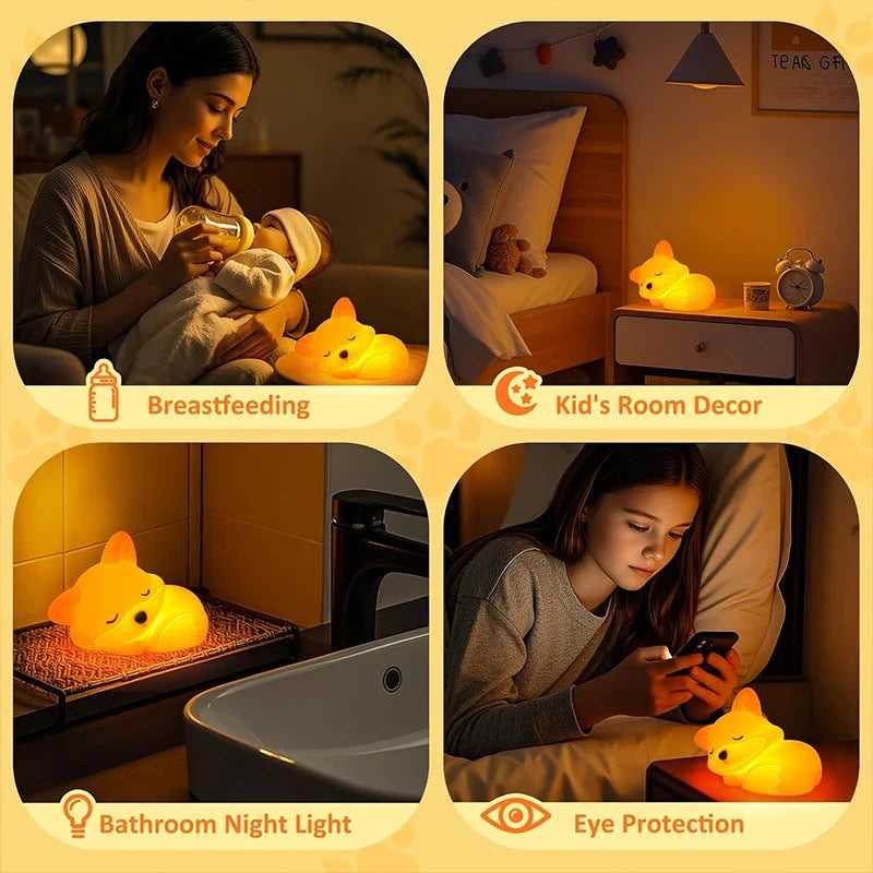 Sanft leuchtendes Fuchs LED Nachtlicht aus Silikon, dimmbar, mit Timer; ideal als Kuscheltier-Alternative im Kinderzimmer.