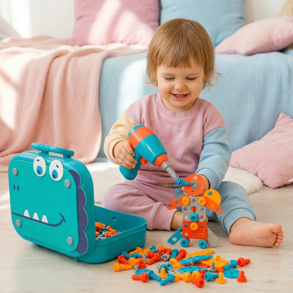 Dino Bauset für Kinder, kreatives Werkzeug-Spielzeug. Fördert Motorik und Kreativität beim Bauen von Dinosauriern.
