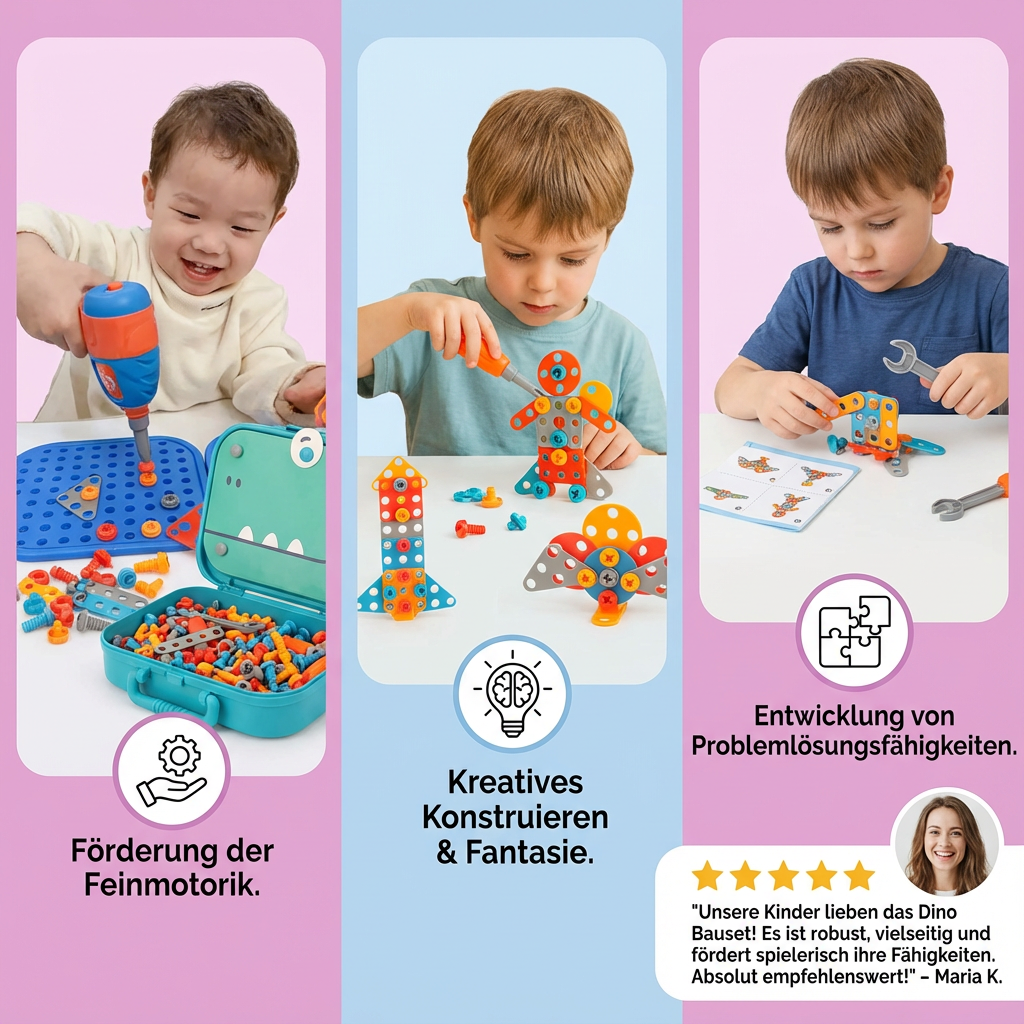 Motorikspielzeug: Dino Bauset für Kinder mit Werkzeug zum Schrauben. Kreativer Lernspaß beim Bauen von Dinos.
