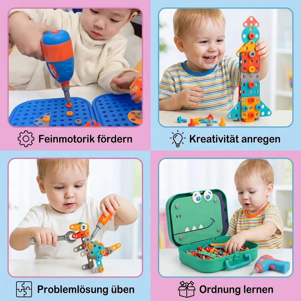 Buntes Dino Spielzeug: Kinder Bausatz mit Werkzeugen zum Zusammenbauen von Dinosauriern. Ideal für kleine Baumeister.