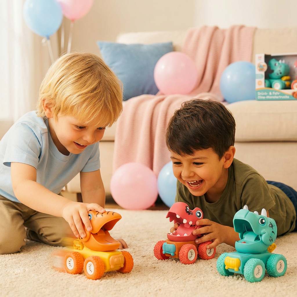 Dino Monstertruck für Kinder, robustes Push & Drive Spielzeugauto. Perfekt für drinnen und draußen.