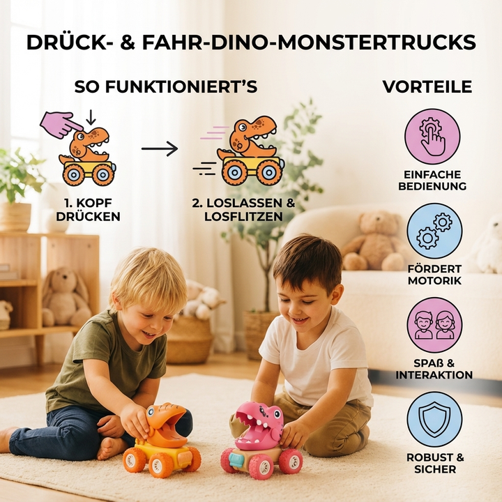 Bunter Dino Monstertruck Spielzeug, Push & Drive Fahrzeug für Kinder. Robustes Design für Abenteuerspiel.