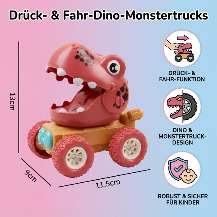 Kinder spielen mit robustem Dino Monstertruck Push & Drive Spielzeugauto. Fördert Motorik & Vorstellungskraft.