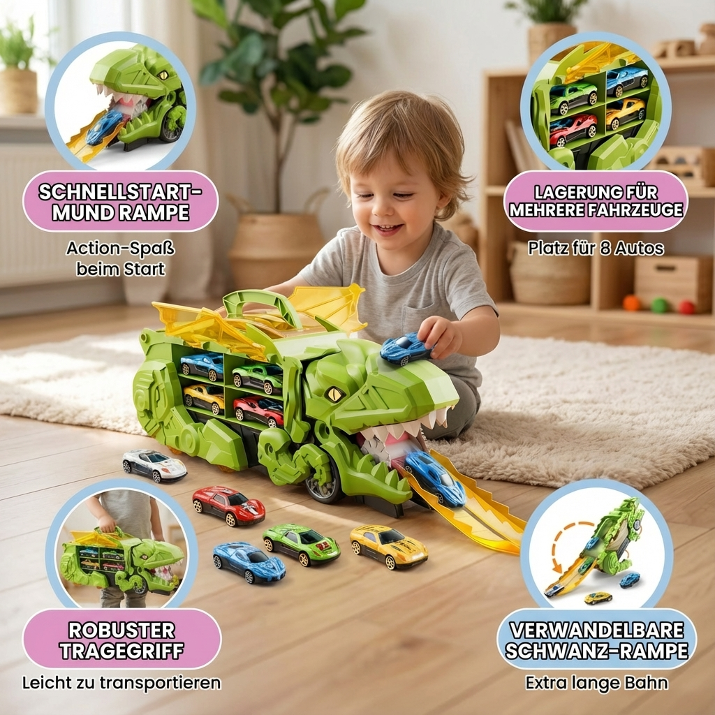 Lachende Kinder spielen begeistert mit dem transformierbaren Dinosaurier Auto Spielzeug Truck