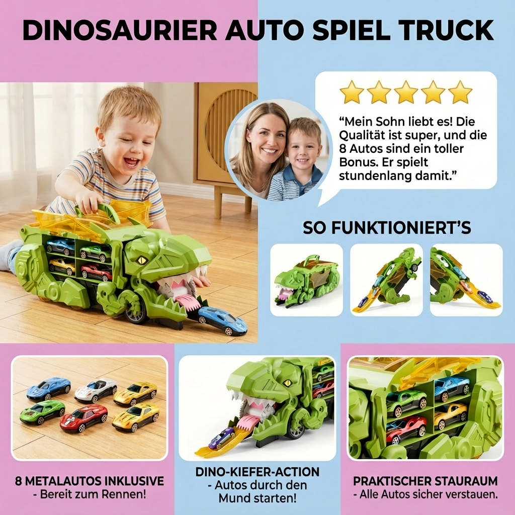 Detailansicht des Dinosaurier Auto Trucks mit Lichteffekten, interaktives Kinderspielzeug
