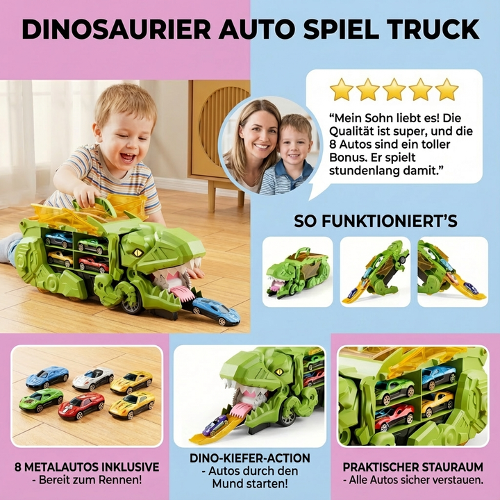 Detailansicht des Dinosaurier Auto Trucks mit Lichteffekten, interaktives Kinderspielzeug